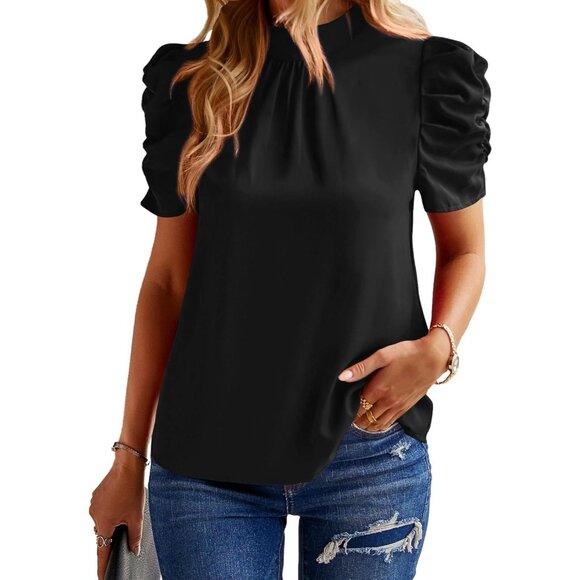 Women's Black Summer Top Ruffle Short Sleeve Frill Trim Mock Neck Floral Tops - Picture 1 of 7